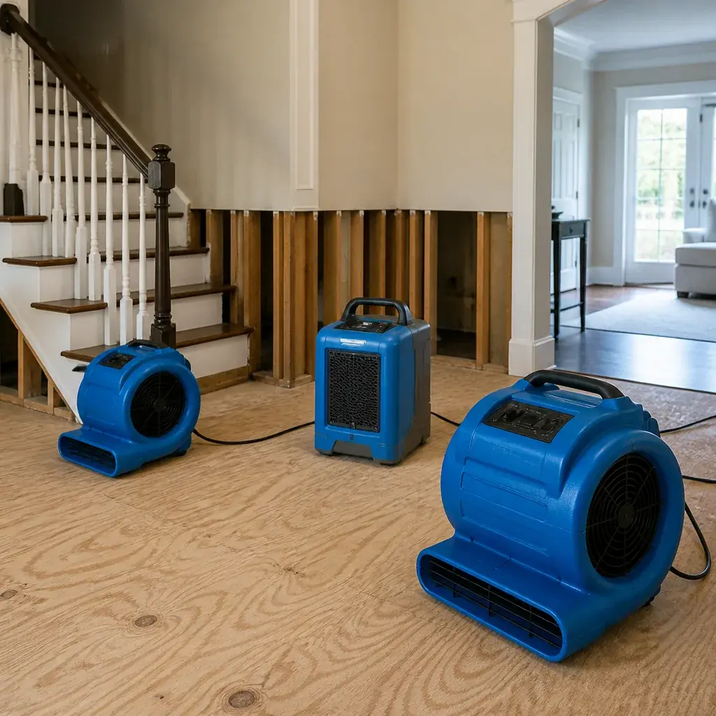 Row of air movers drying a water-damaged room