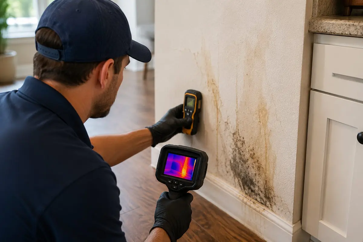 Technician holding a thermal imaging camera and moisture meter against a water-stained wall