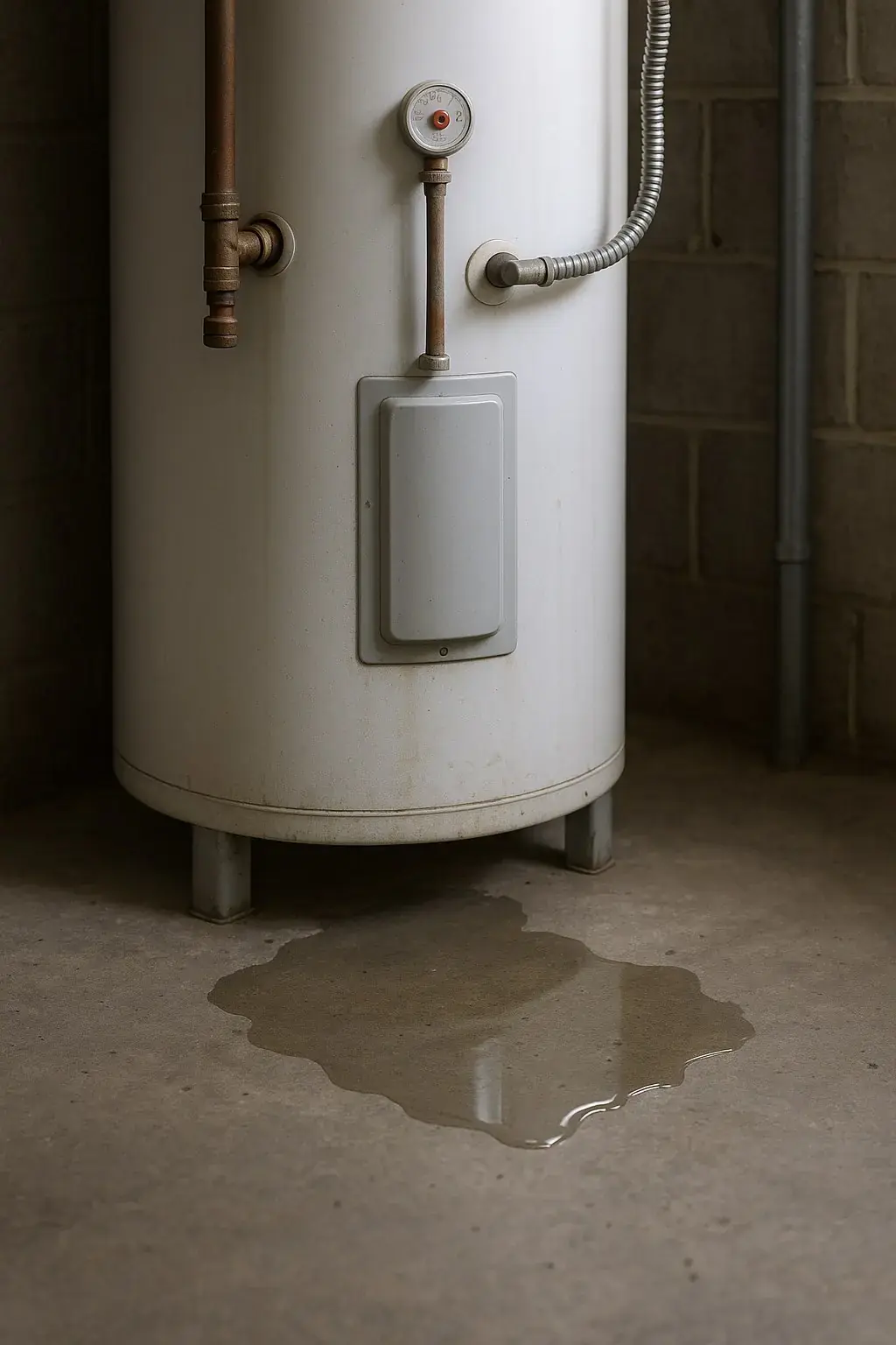 Water puddle pooling on concrete beneath a leaking residential water heater