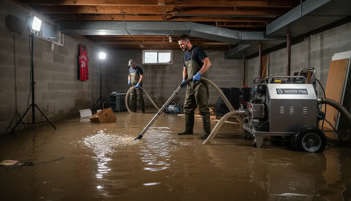 Two technicians extracting standing water from a flooded concrete basement with a truck mount extractor