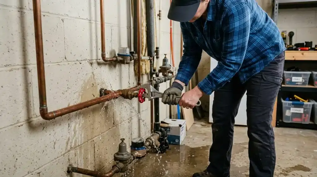 Plumber tightening a leaking copper pipe with an adjustable wrench