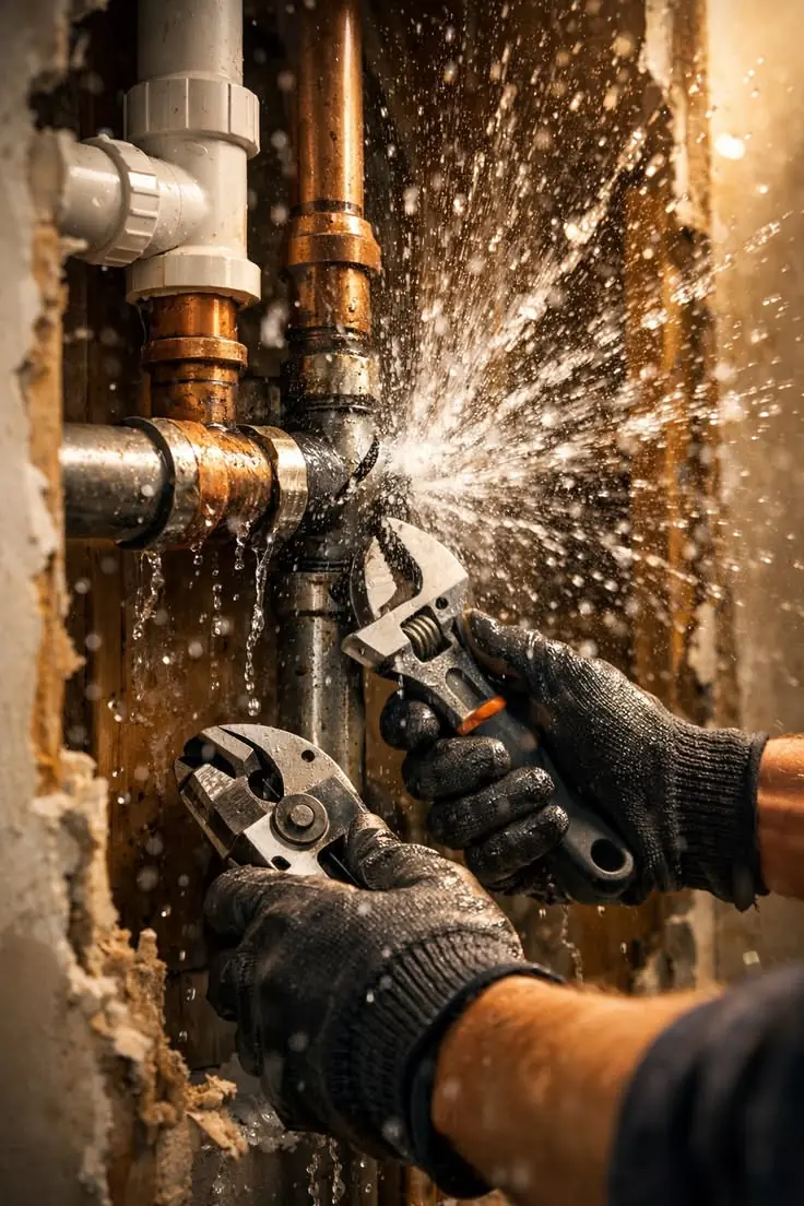Gloved hands working wrenches on a burst copper pipe spraying water