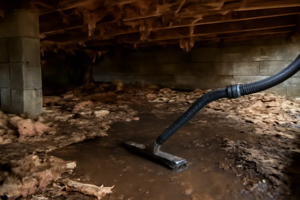 Extraction hose vacuuming standing water inside a wet crawl space