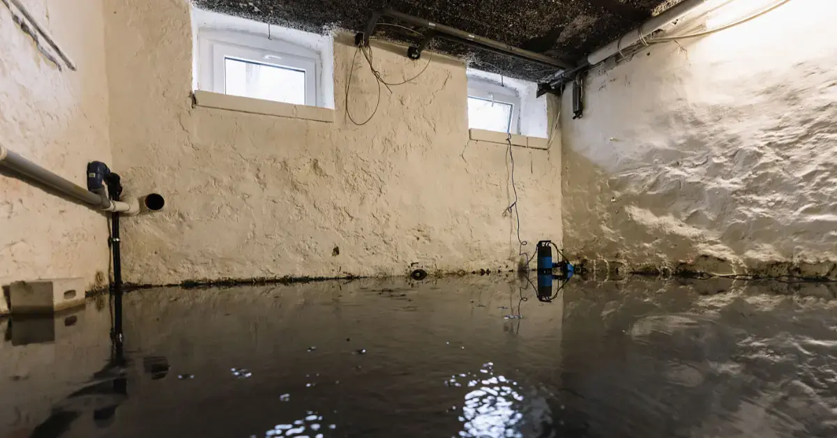 Submersible pump running in a flooded basement utility room