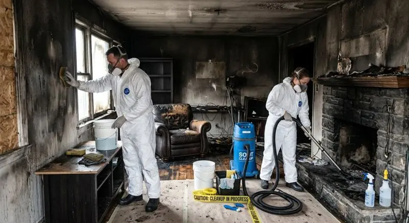 Crew in protective suits cleaning soot damage inside a fire damaged living room