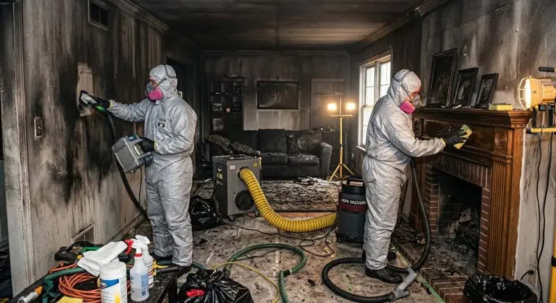 Restoration workers in respirator suits cleaning smoke stained walls and fireplace