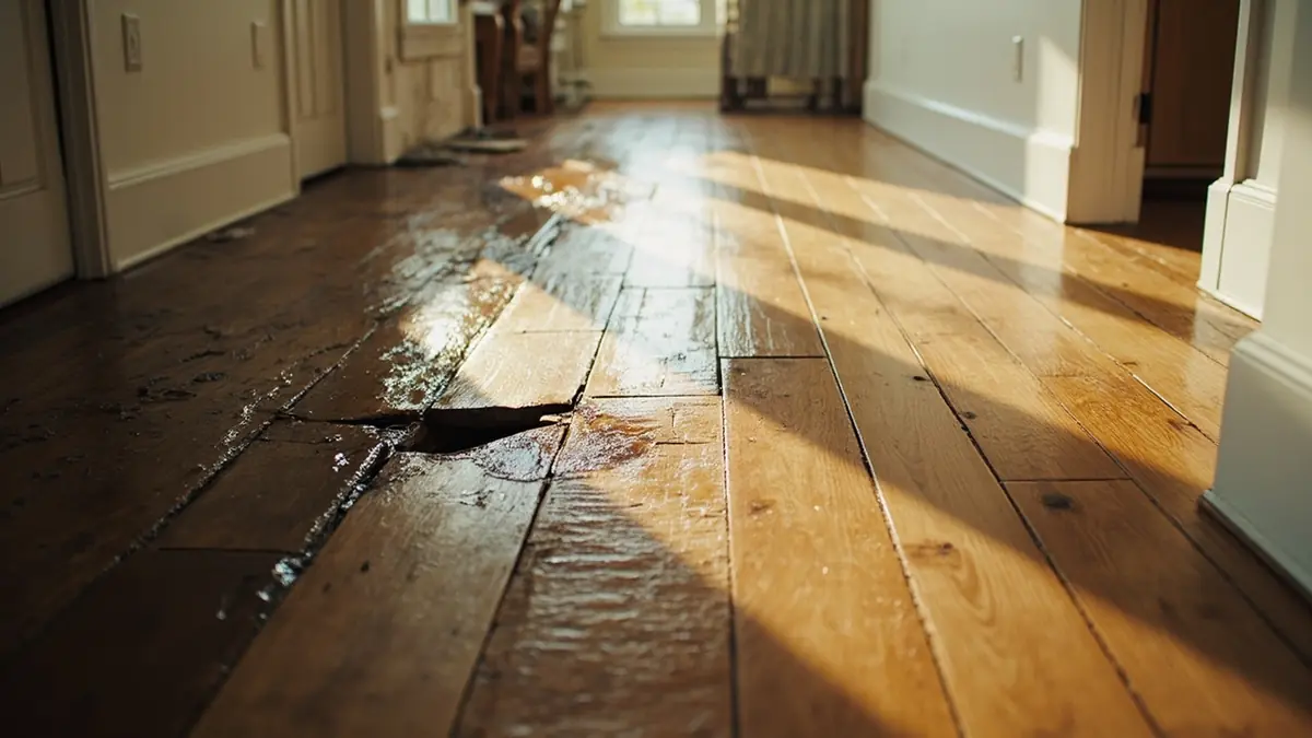 Buckled and water stained hardwood floor planks in a sunlit hallway