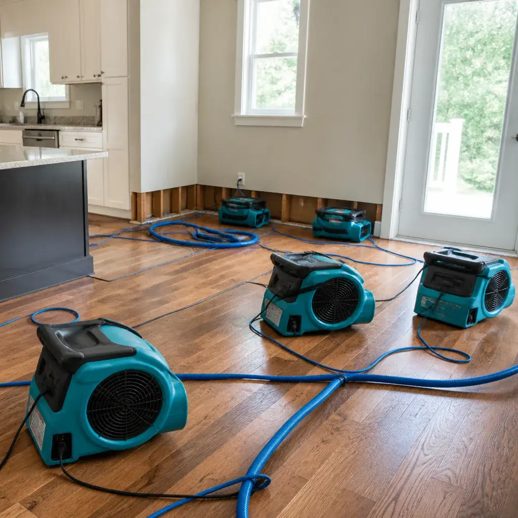 Air movers and drying hoses set up across a hardwood floor during restoration