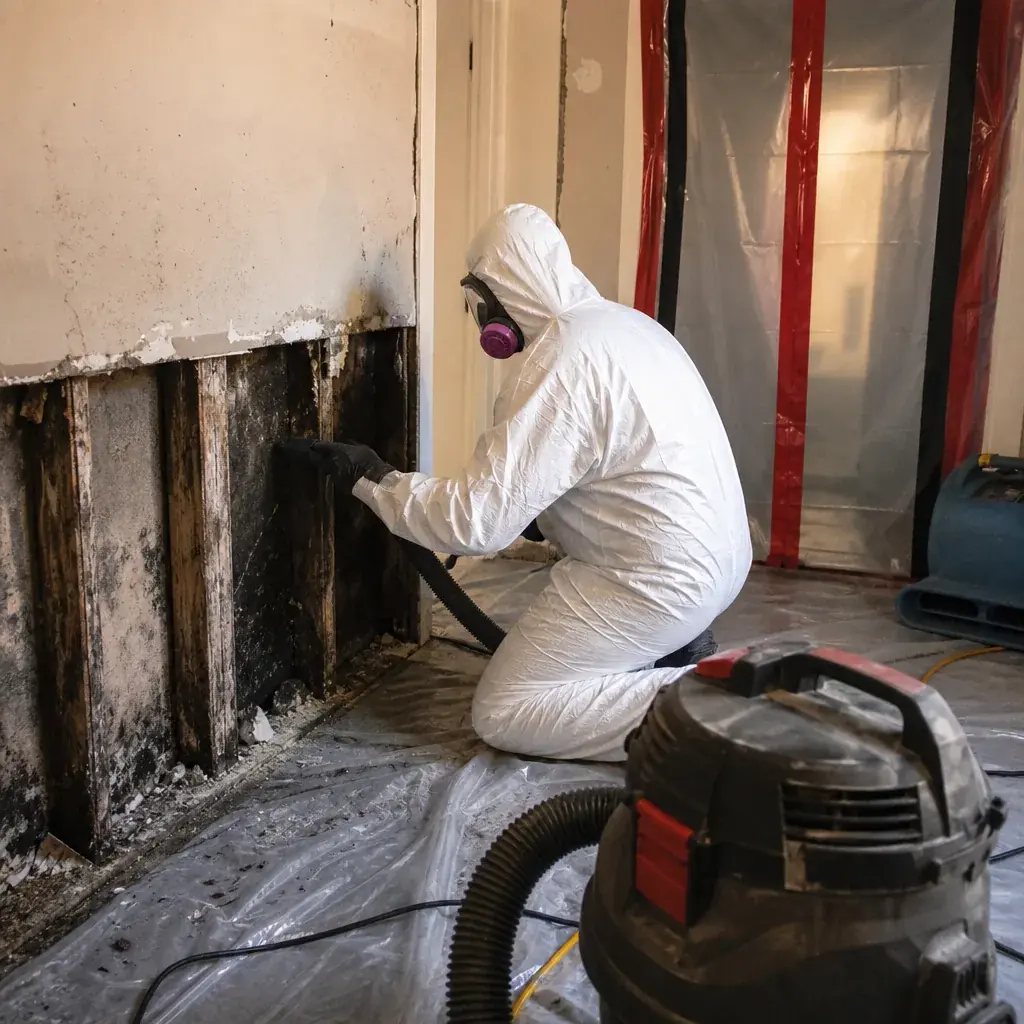 Technician in respirator and hazmat suit working on a mold affected wall