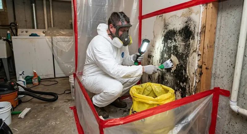 Mold remediation worker in protective suit scraping black mold inside a sealed containment
