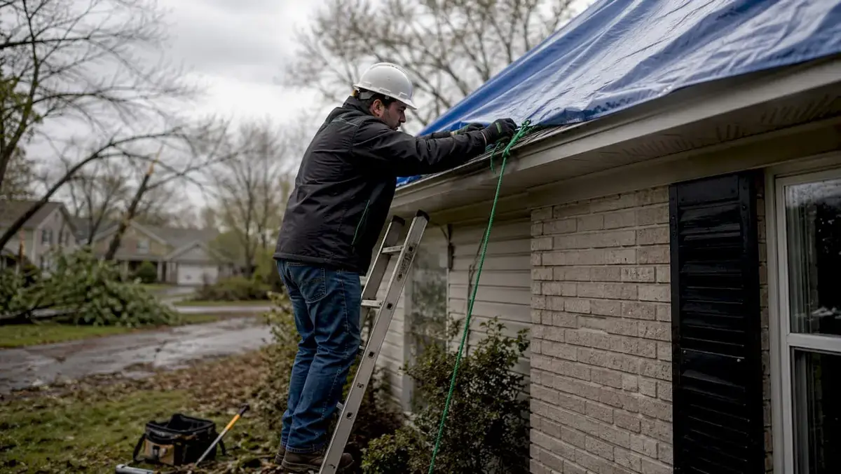 Roofer on a ladder securing an emergency tarp over a damaged roof edge