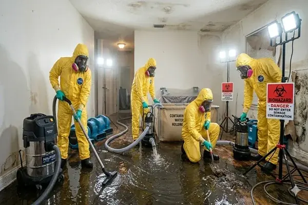 Cleanup crew in full hazmat suits extracting contaminated water from a flooded room