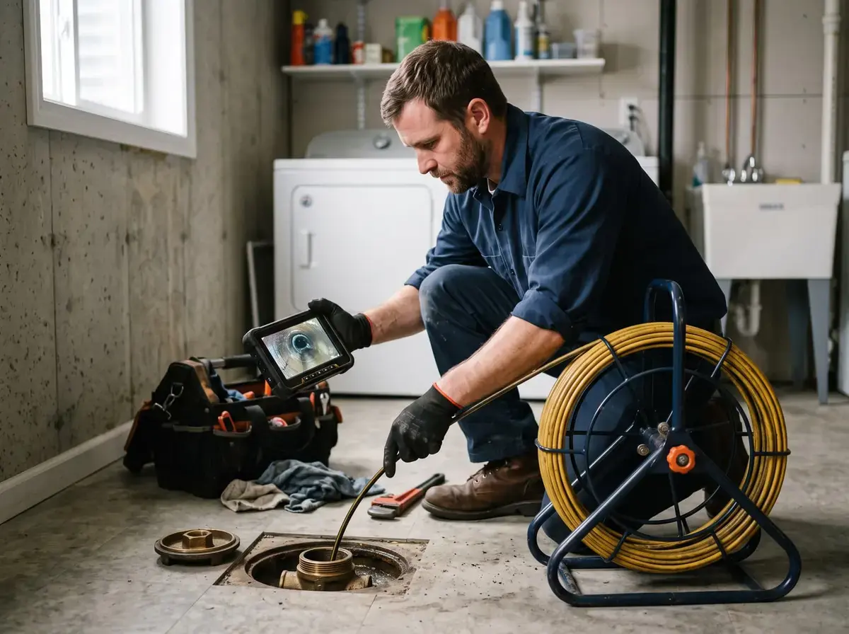 Technician running a sewer camera into a basement floor drain cleanout