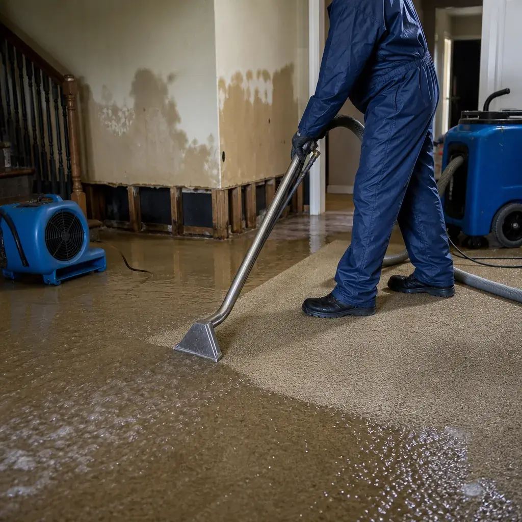 Technician pushing an extraction wand across saturated carpet in a flooded room