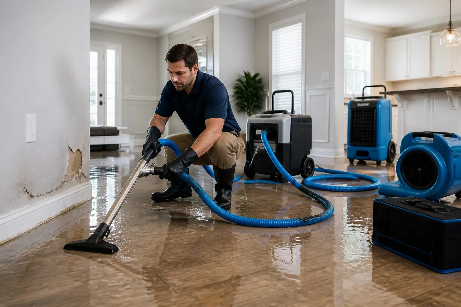 Technician kneeling on a wet floor extracting water with a truck-mounted hose; dehumidifier and air movers running in the background