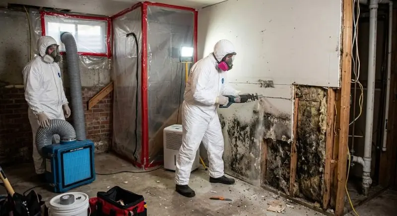 Mold remediation workers in white suits cutting out mold-covered drywall