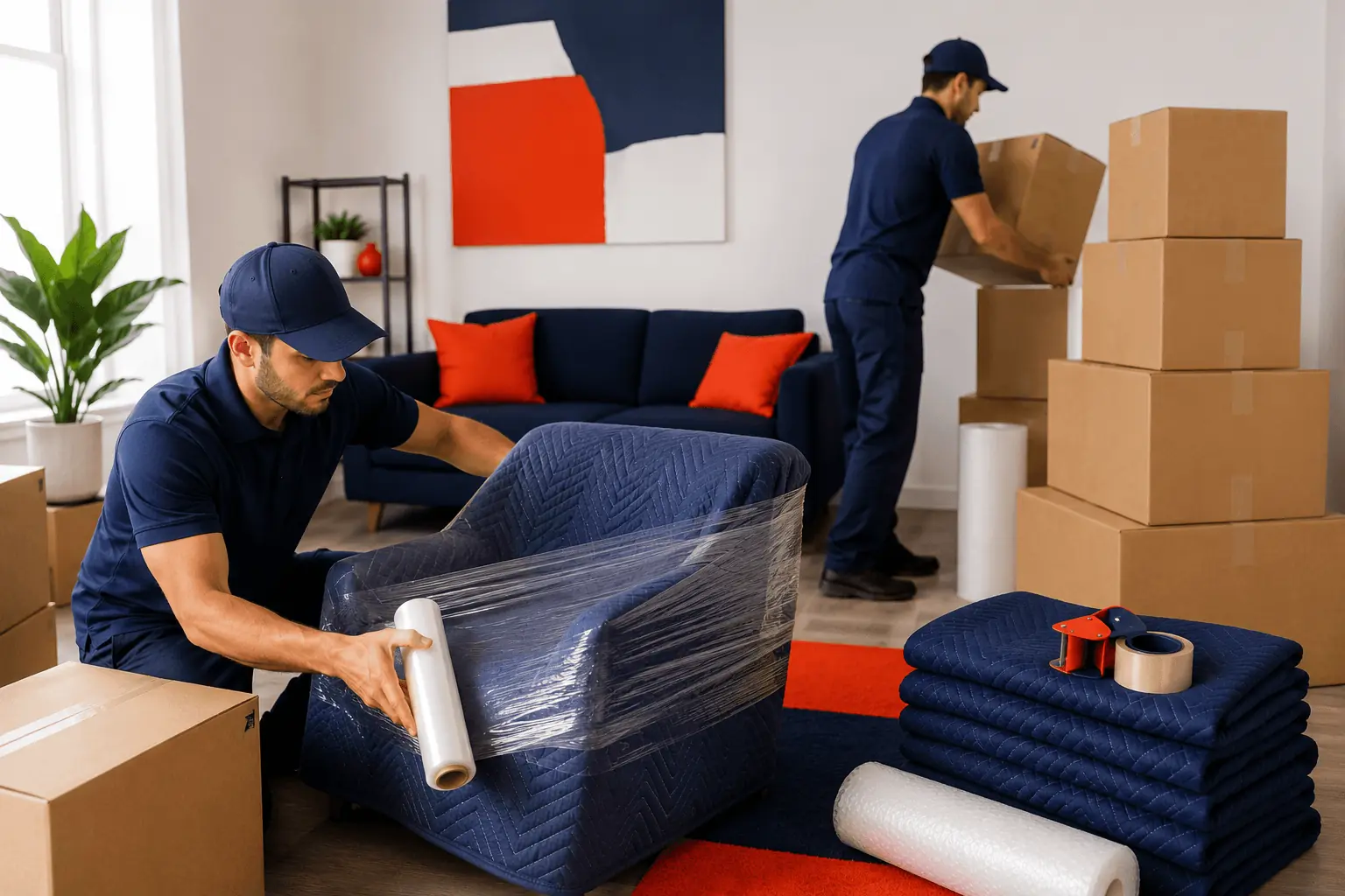 Movers wrapping furniture in stretch film and stacking boxes during a pack-out
