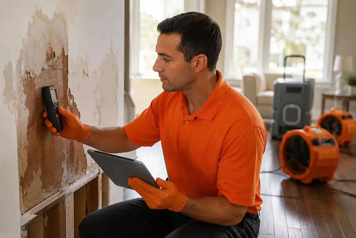 Technician pressing a moisture meter against a water-damaged wall with a tablet in hand