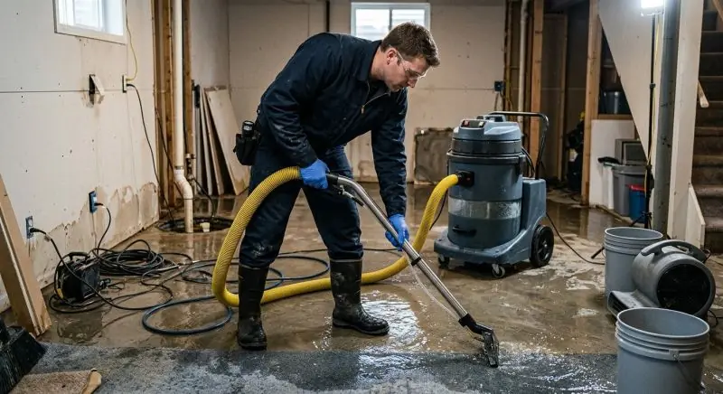 Restoration technician vacuuming standing water from a flooded basement floor with a truck-mounted extraction unit