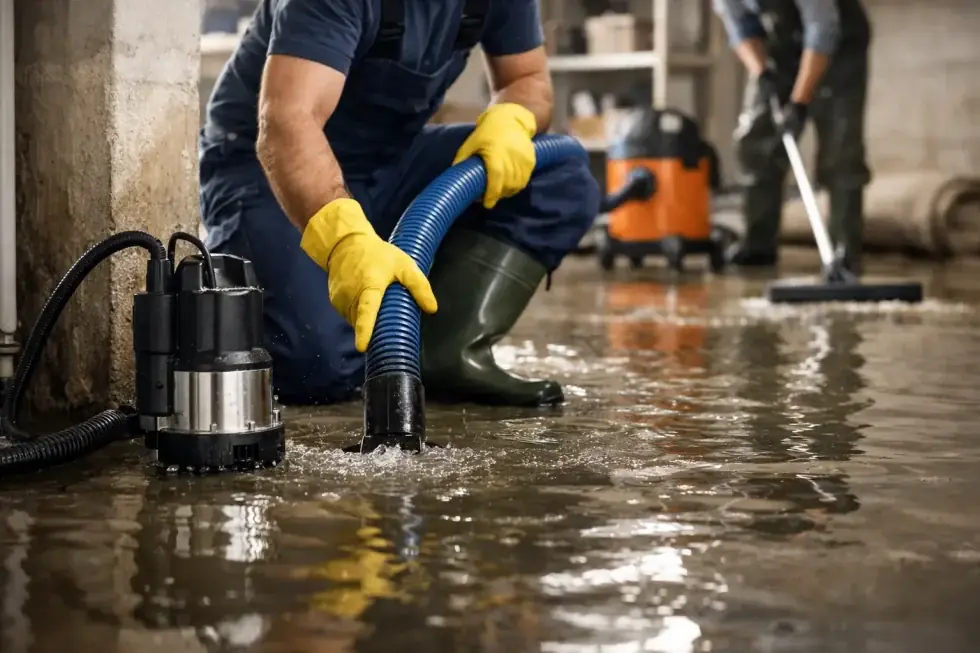 Crew member in yellow gloves positioning a submersible pump in a flooded basement during cleanup