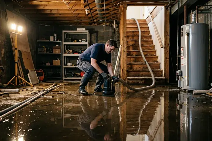 Technician using a submersible pump to extract standing water from a flooded basement