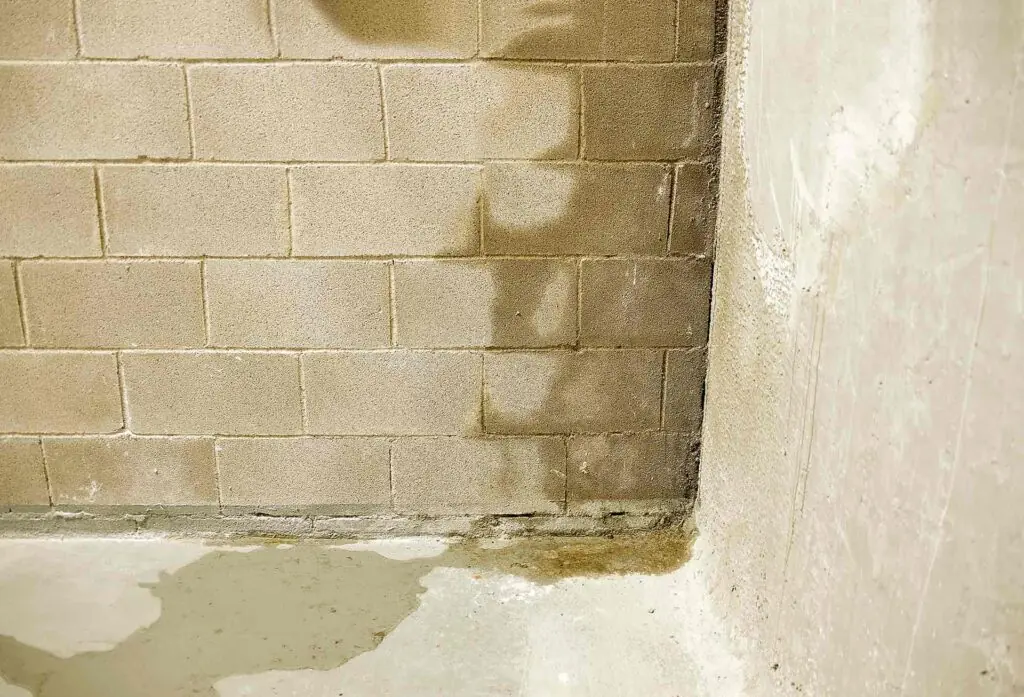 Wet concrete basement floor and block walls after groundwater flooding