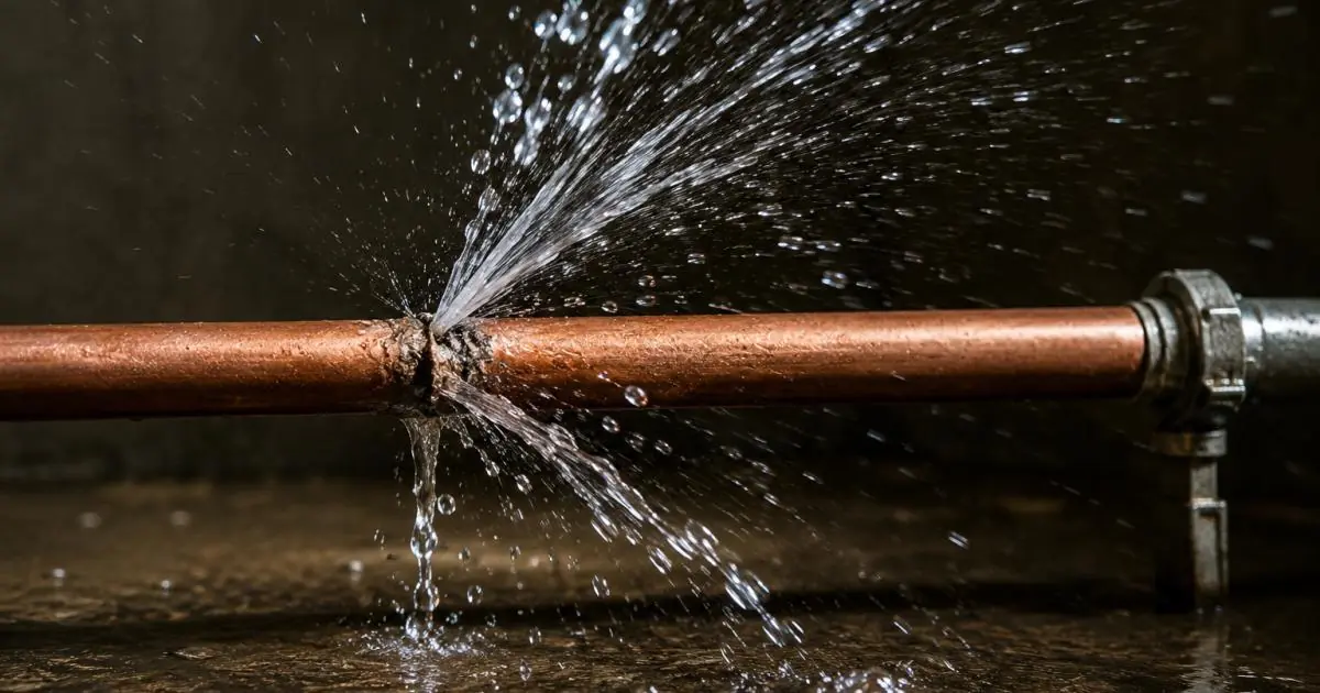 Burst copper water pipe spraying water inside a wall cavity