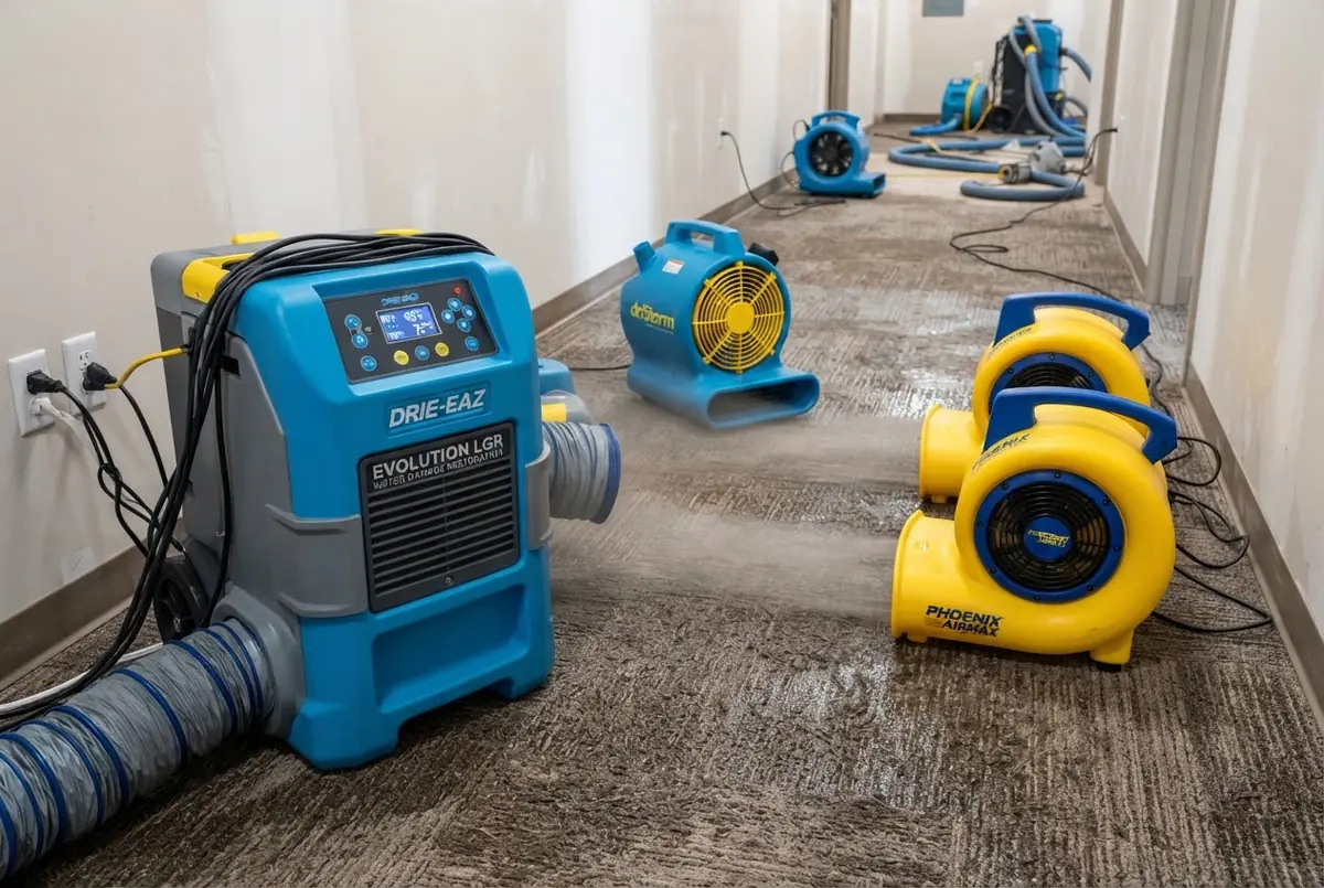 Industrial air movers drying a large commercial floor area