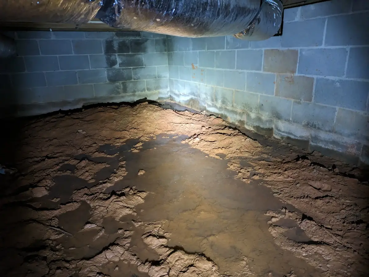 Standing water covering the ground inside a residential crawl space