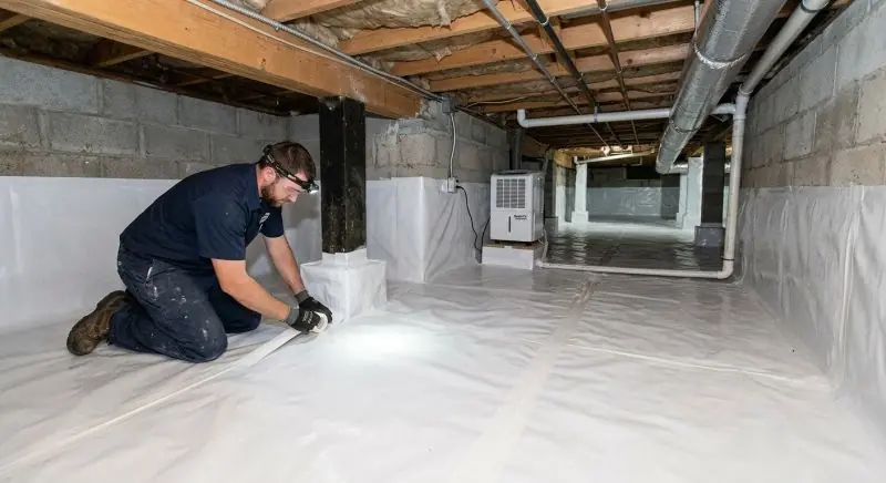 Technician installing a vapor barrier in a crawl space
