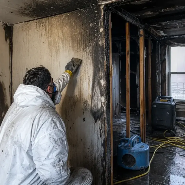 Technician cleaning soot damage from interior walls after a fire
