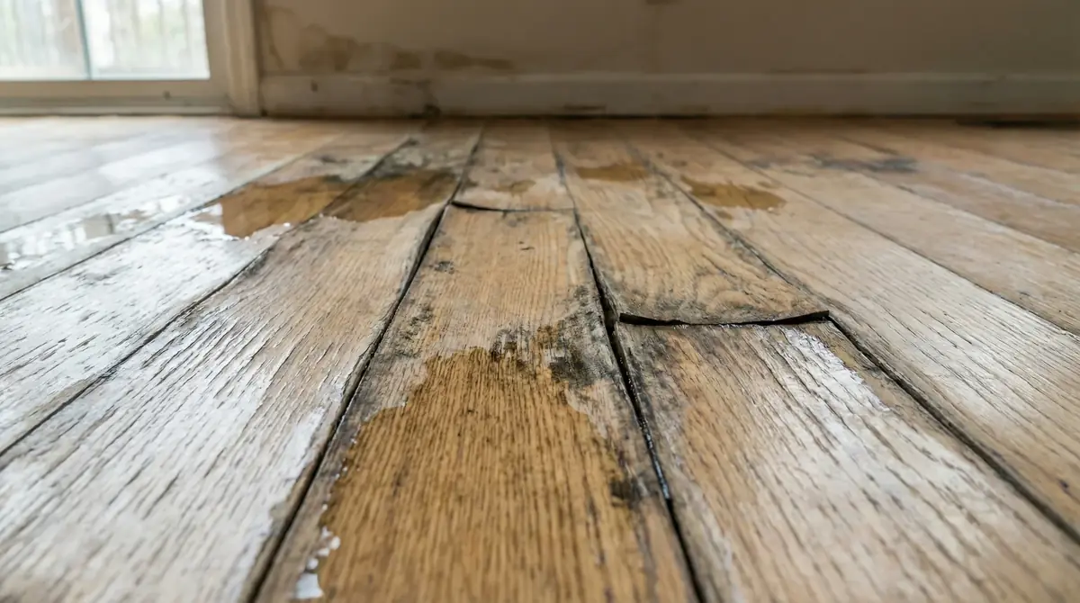 Closeup of water-damaged cupped hardwood floor planks