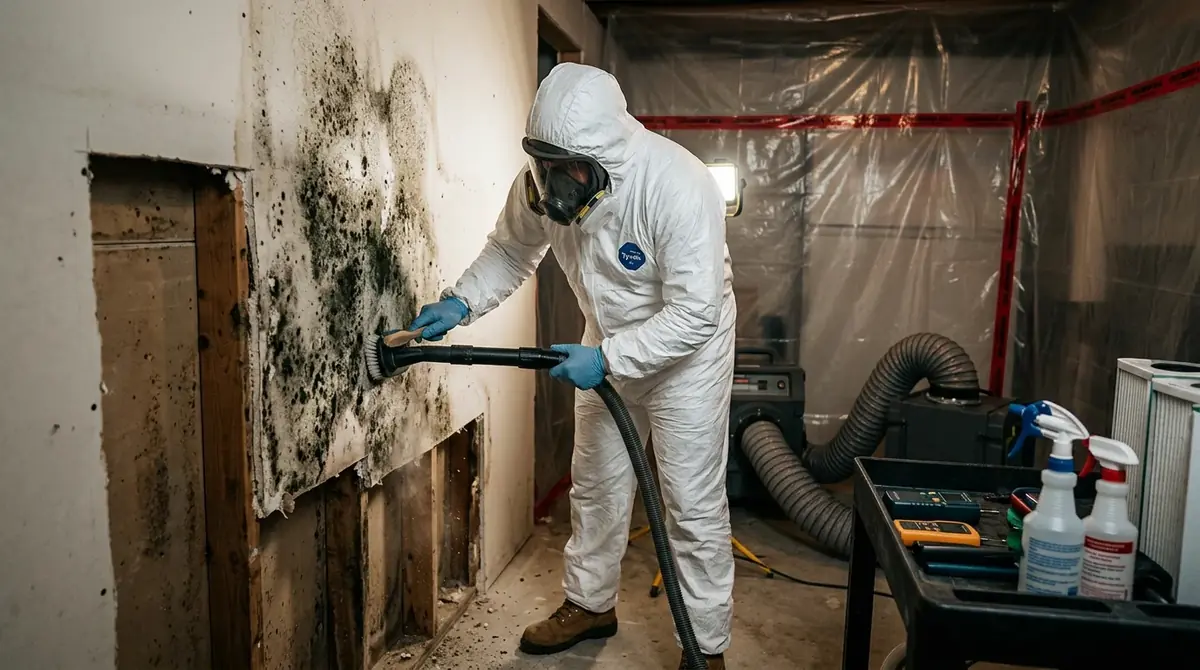 Remediation technician in protective gear removing mold-damaged drywall