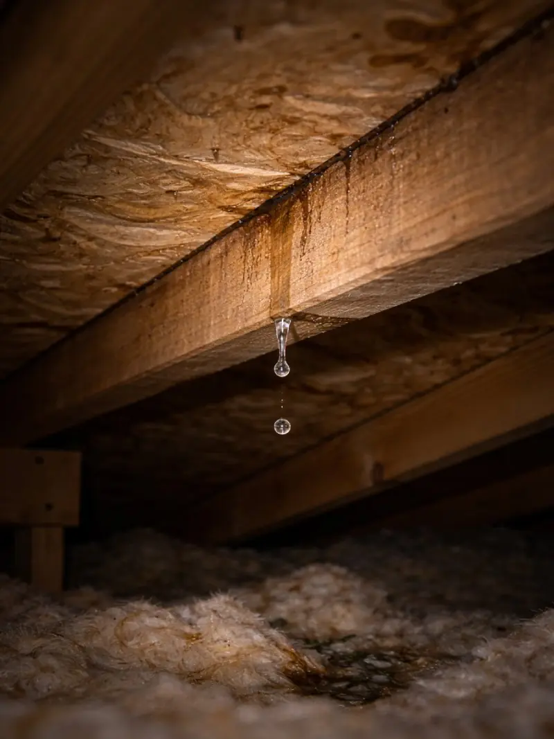 Wet attic insulation and roof decking after storm damage