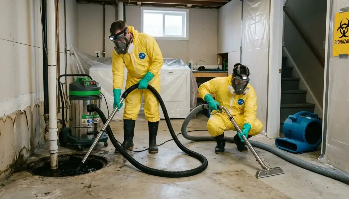Certified cleanup crew in protective suits responding to a sewage backup