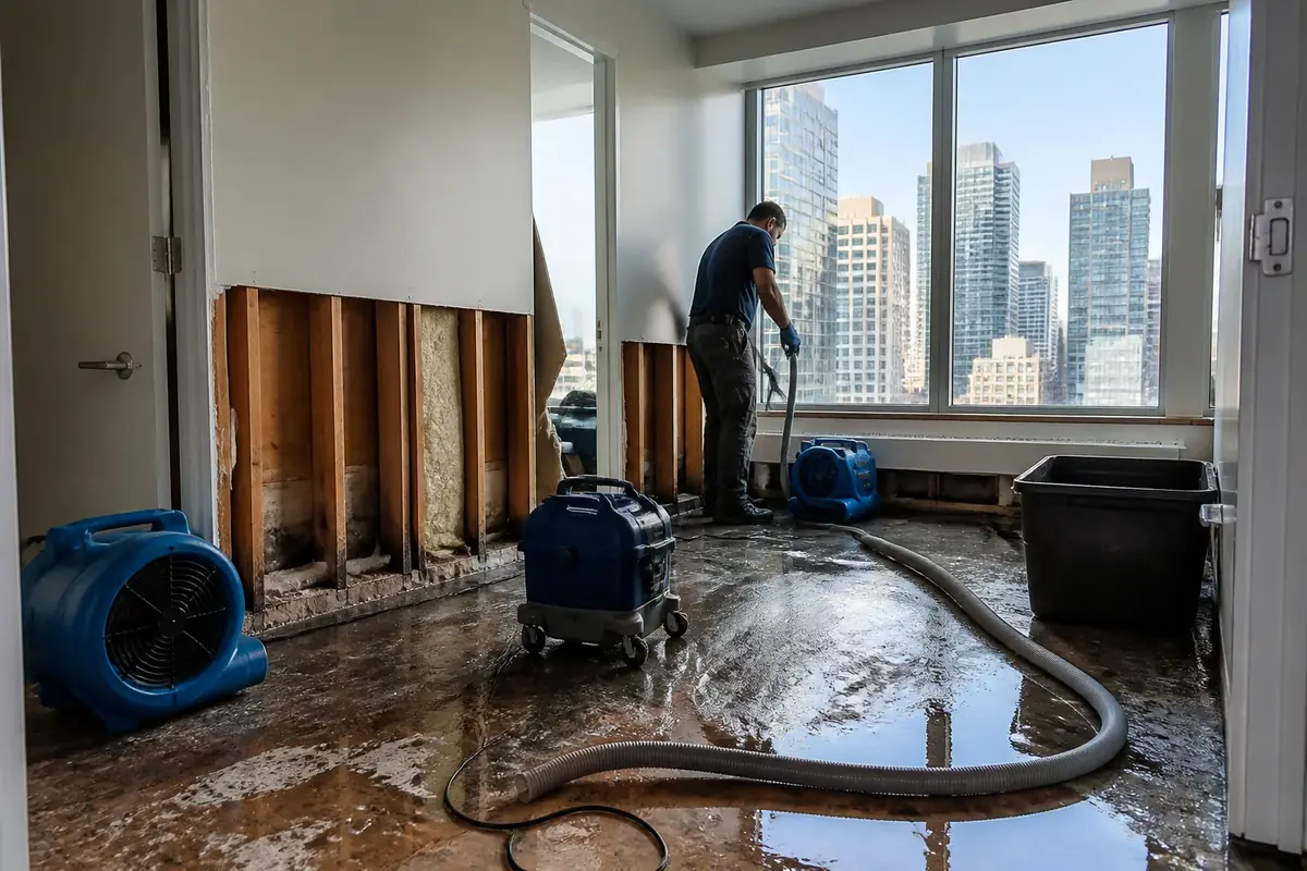 Wet vacuum extracting water from a flooded basement floor